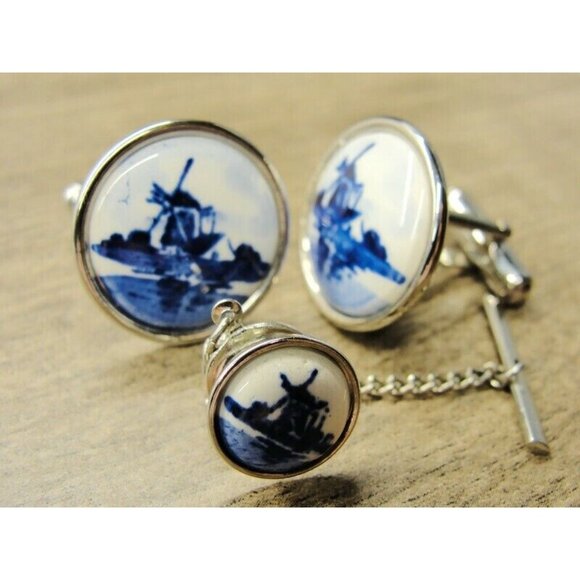 Deft Blue Cufflinks and Tie Tac Set Silver Tone Tux Shirt Dress Suit Vintage - Picture 2 of 5